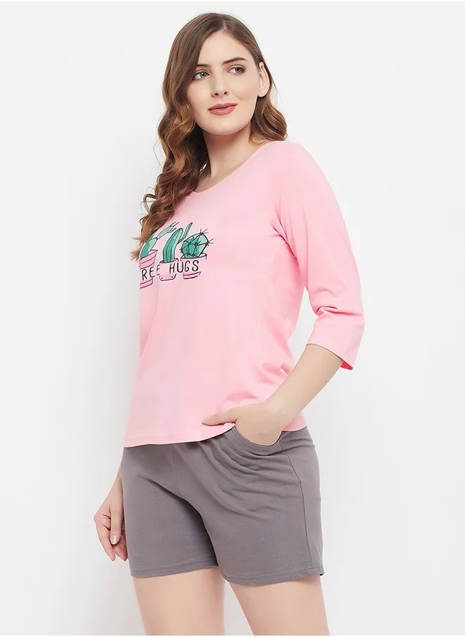 Clovia Clovia Cactus Print Top in Baby Pink & Chic Basic Shorts in Grey - 100% Cotton
