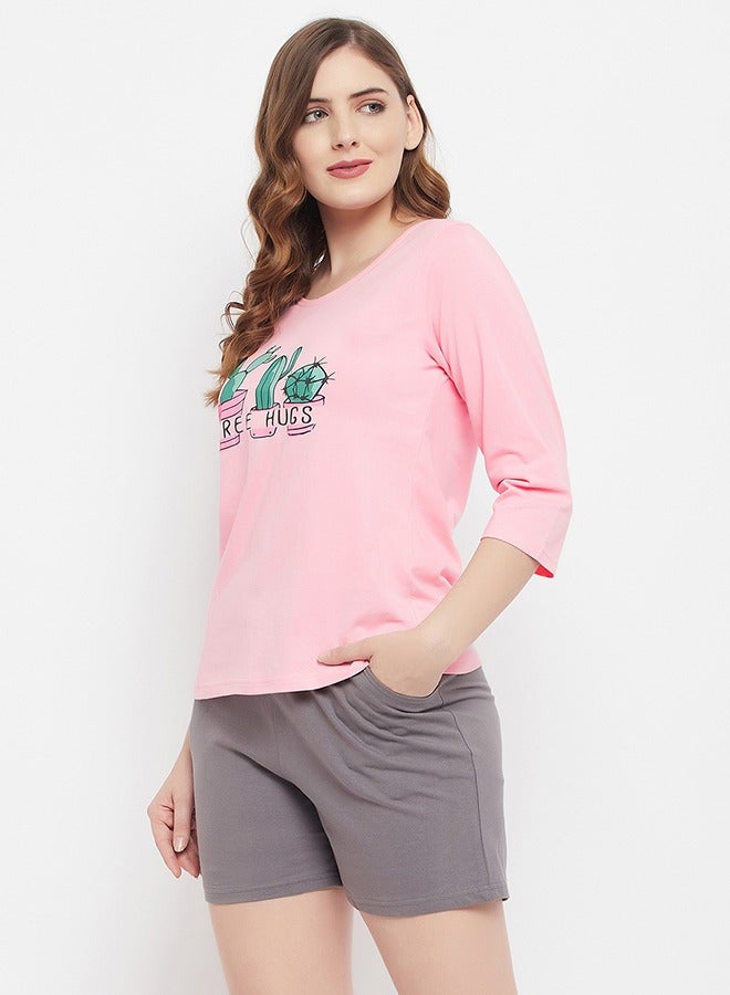 Clovia Cactus Print Top in Baby Pink & Chic Basic Shorts in Grey - 100% Cotton - Image 4