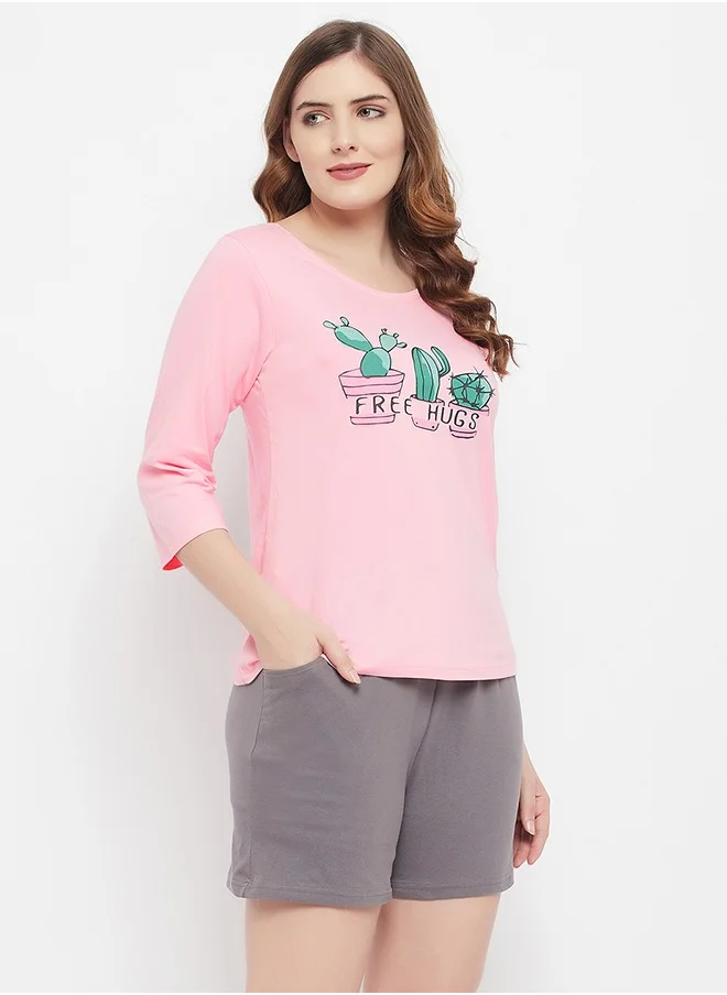Clovia Clovia Cactus Print Top in Baby Pink & Chic Basic Shorts in Grey - 100% Cotton