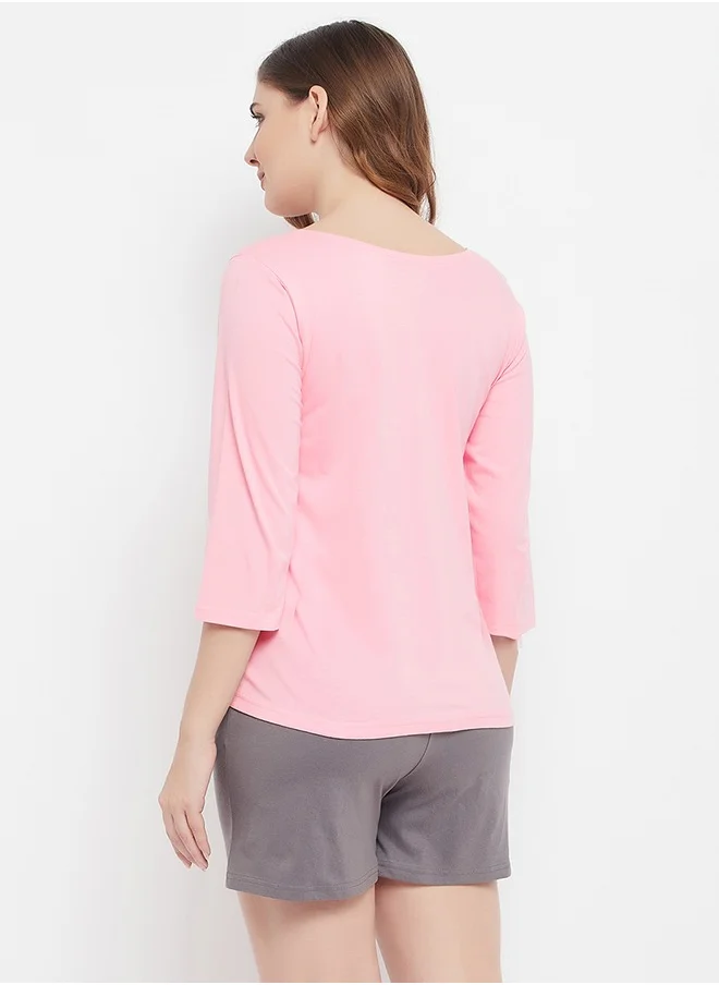 Clovia Clovia Cactus Print Top in Baby Pink & Chic Basic Shorts in Grey - 100% Cotton