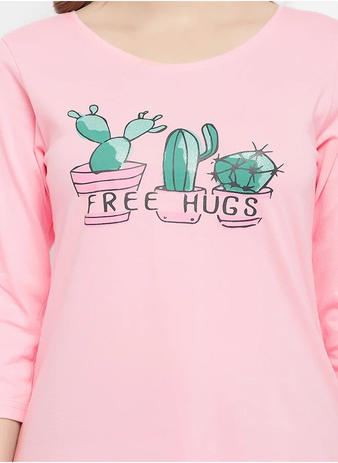 Clovia Clovia Cactus Print Top in Baby Pink & Chic Basic Shorts in Grey - 100% Cotton