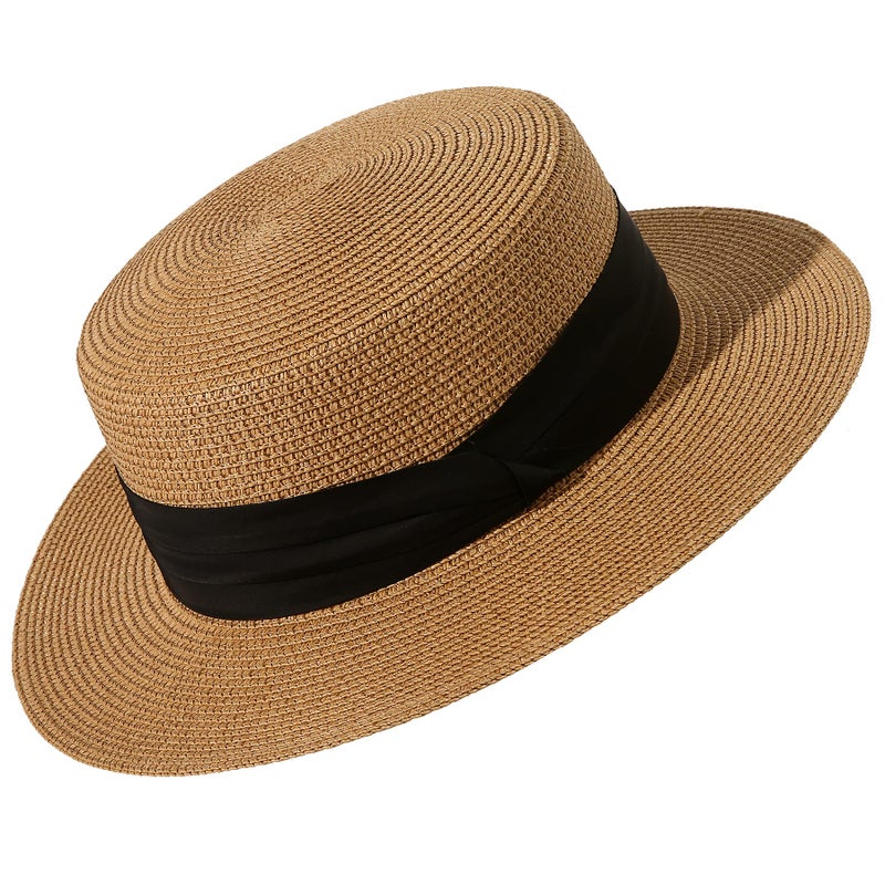 Lanzom Sun Hats for Women Wide Brim Straw Boater Hat Foldable Packable Beach Hat for Summer (Khaki, Medium) - Image 1