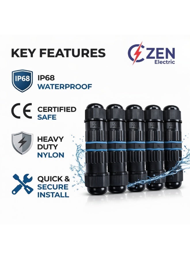 CZEN ELECTRIC IP68 Waterproof Inline Connector M16 (0.5–1.5 mm²), 3-Core 3-Pole Cable Connector, Cable OD 4–8 mm, Weatherproof Cable Joint for Outdoor, Solar, Garden, LED & Underground Wiring (Pack of 5) - Image 3