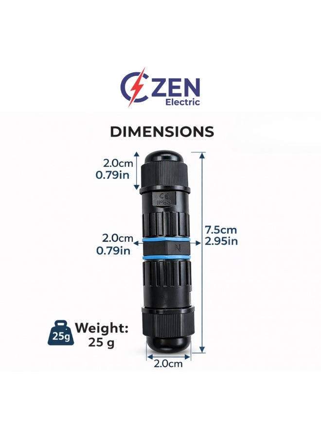 CZEN ELECTRIC IP68 Waterproof Inline Connector M16 (0.5–1.5 mm²), 3-Core 3-Pole Cable Connector, Cable OD 4–8 mm, Weatherproof Cable Joint for Outdoor, Solar, Garden, LED & Underground Wiring (Pack of 5) - Image 4