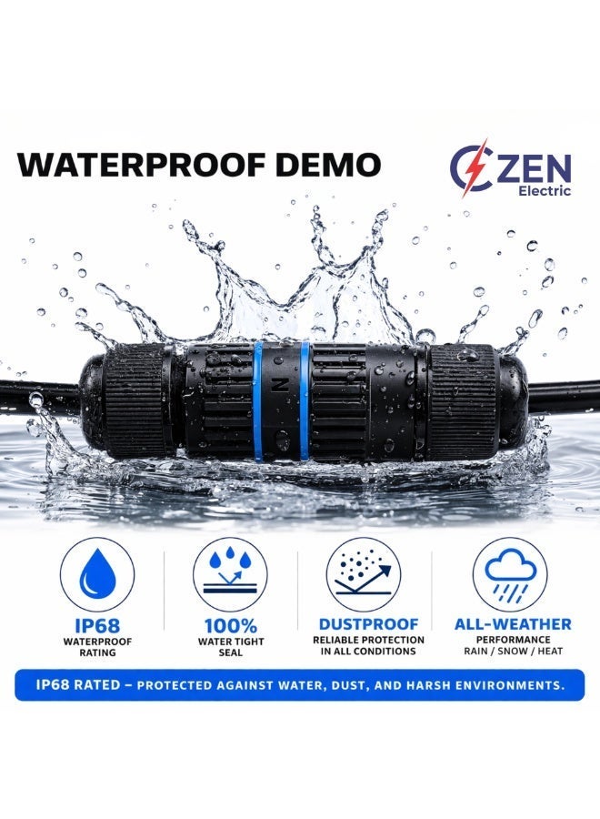 CZEN ELECTRIC IP68 Waterproof Inline Connector M16 (0.5–1.5 mm²), 3-Core 3-Pole Cable Connector, Cable OD 4–8 mm, Weatherproof Cable Joint for Outdoor, Solar, Garden, LED & Underground Wiring (Pack of 5) - Image 5