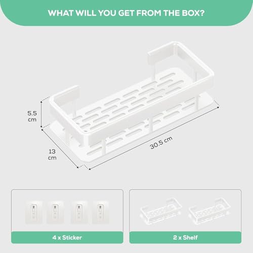 MIORAH Self Adhesive Bathroom Shelf, Rustproof Aluminium Wall Organizer Rack, No Drill Shower Storage White Pack of 2 - Image 2