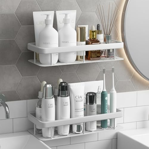 MIORAH Self Adhesive Bathroom Shelf, Rustproof Aluminium Wall Organizer Rack, No Drill Shower Storage White Pack of 2 - Image 1