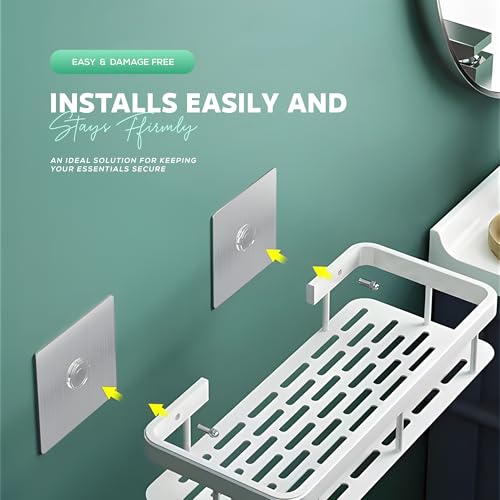 MIORAH Self Adhesive Bathroom Shelf, Rustproof Aluminium Wall Organizer Rack, No Drill Shower Storage White Pack of 2 - Image 4