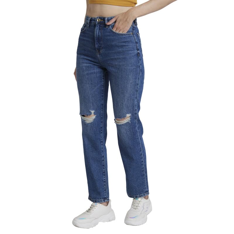 Spykar Women Mid Blue Cotton Straight Fit Regular Length Low Distressed Jeans -(Bella) - Image 4