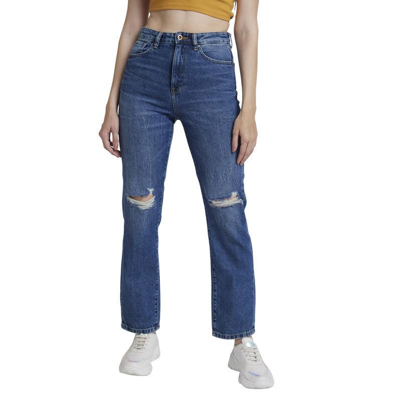 Spykar Women Mid Blue Cotton Straight Fit Regular Length Low Distressed Jeans -(Bella) - Image 1