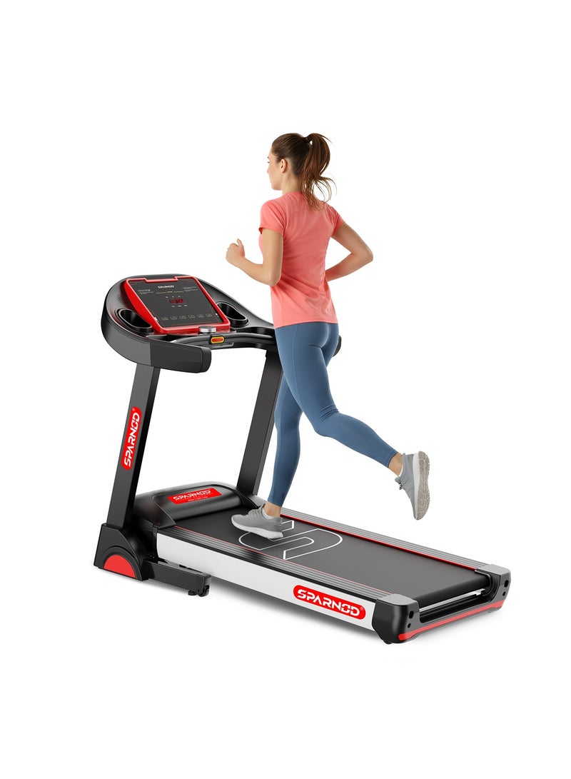 Sparnod Fitness STH-4300 Motorised Foldable Treadmill for Home Use, 5 HP Peak Motor, 1–14 km/h Speed, 15% Auto Incline Treadmill, 12 Preset Programs, LED Display, USB/Bluetooth, Max User Weight 120 kg - Image 1