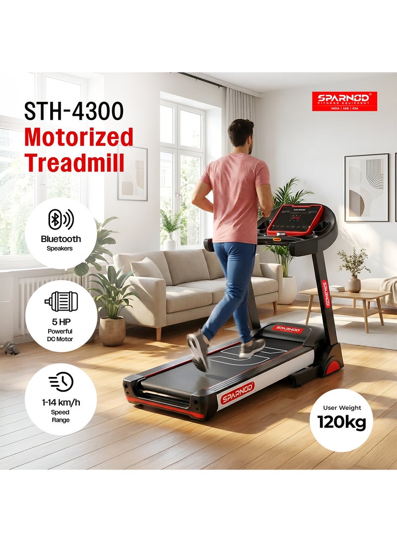 Sparnod Fitness STH-4300 Motorised Foldable Treadmill for Home Use, 5 HP Peak Motor, 1–14 km/h Speed, 15% Auto Incline Treadmill, 12 Preset Programs, LED Display, USB/Bluetooth, Max User Weight 120 kg - Image 2