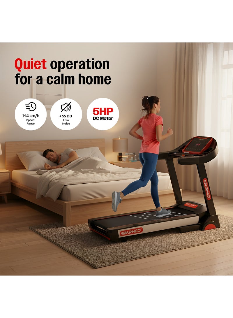 Sparnod Fitness STH-4300 Motorised Foldable Treadmill for Home Use, 5 HP Peak Motor, 1–14 km/h Speed, 15% Auto Incline Treadmill, 12 Preset Programs, LED Display, USB/Bluetooth, Max User Weight 120 kg - Image 5
