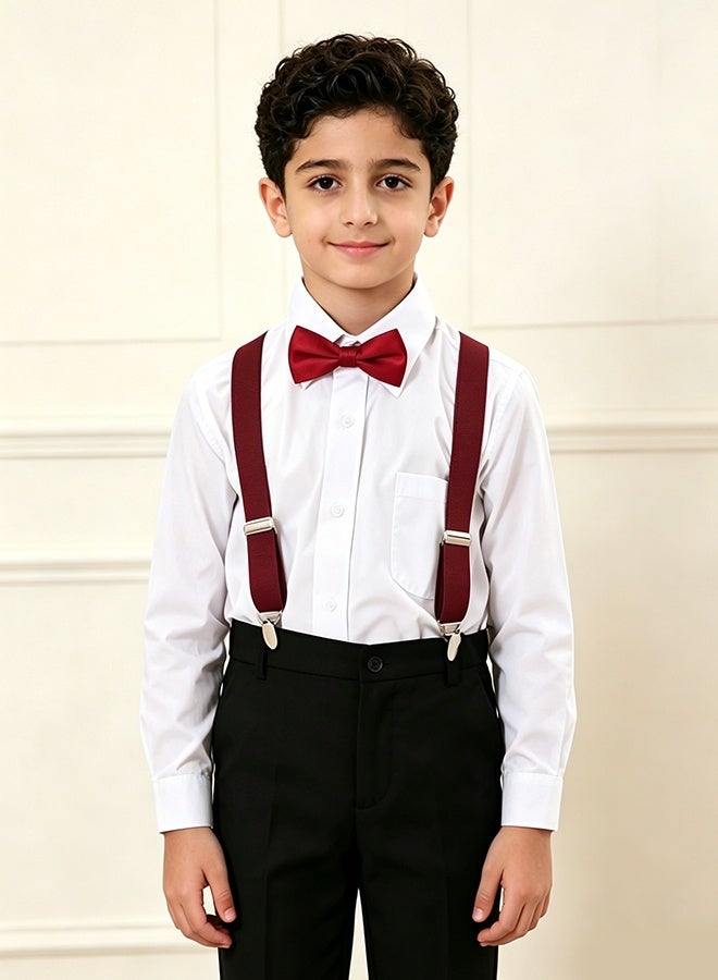3 Pcs Kids Red Formal Accessory Kit,Adjustable Y-Back Suspenders Pre-Tied Bow Tie and Elastic Ring Necktie,Suit for Boys Girls Under 130 cm Wedding,Birthday,School Show,Graduation,Photoshoot,Formal Events - Image 2