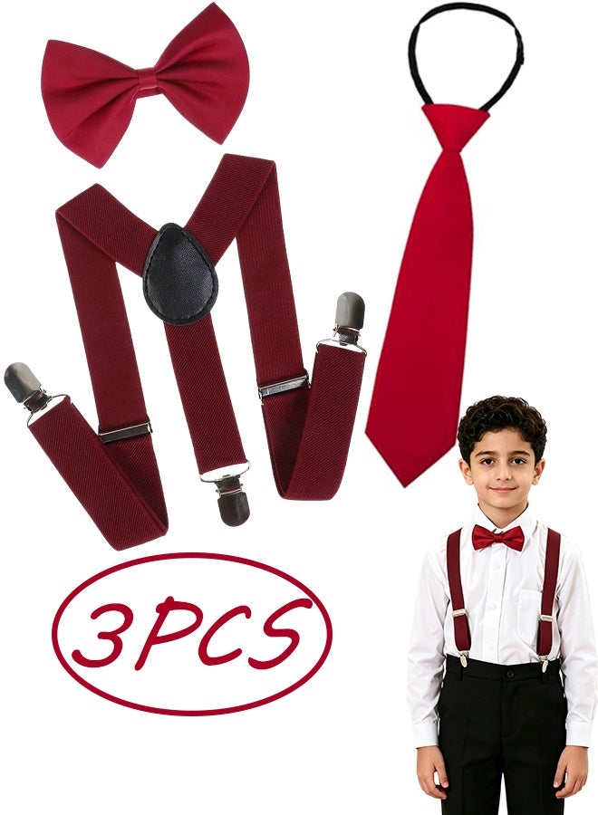 3 Pcs Kids Red Formal Accessory Kit,Adjustable Y-Back Suspenders Pre-Tied Bow Tie and Elastic Ring Necktie,Suit for Boys Girls Under 130 cm Wedding,Birthday,School Show,Graduation,Photoshoot,Formal Events - Image 1