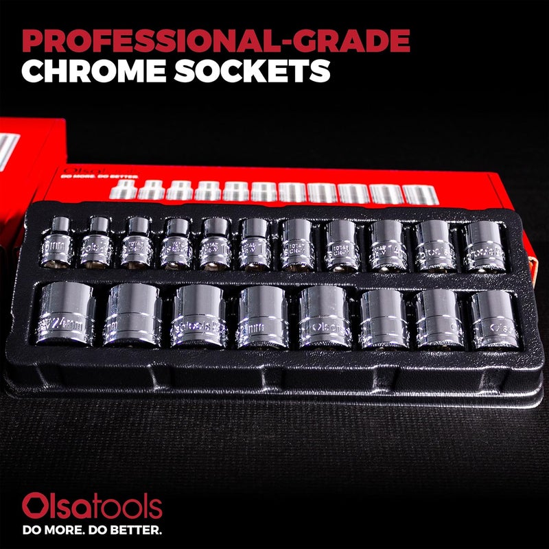 Olsa Tools Metric Shallow Socket Set - 3/8-Inch Drive, 19pc - 6-Point Chrome Sockets from 6mm–24mm and No Skipped Sizes - Mechanic Shallow Metric Socket Set - Professional Grade Sockets - Part: 1328 - Image 5