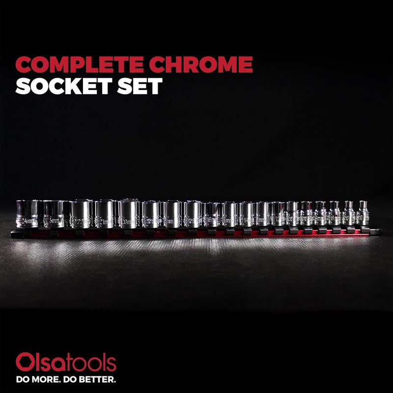 Olsa Tools Metric Shallow Socket Set - 3/8-Inch Drive, 19pc - 6-Point Chrome Sockets from 6mm–24mm and No Skipped Sizes - Mechanic Shallow Metric Socket Set - Professional Grade Sockets - Part: 1328 - Image 2