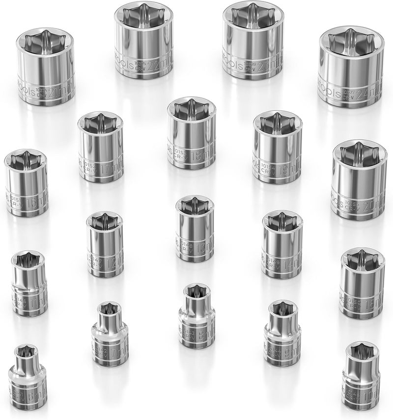 Olsa Tools Metric Shallow Socket Set - 3/8-Inch Drive, 19pc - 6-Point Chrome Sockets from 6mm–24mm and No Skipped Sizes - Mechanic Shallow Metric Socket Set - Professional Grade Sockets - Part: 1328 - Image 1