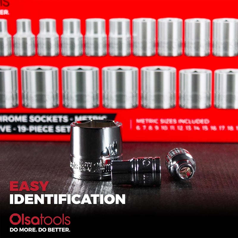 Olsa Tools Metric Shallow Socket Set - 3/8-Inch Drive, 19pc - 6-Point Chrome Sockets from 6mm–24mm and No Skipped Sizes - Mechanic Shallow Metric Socket Set - Professional Grade Sockets - Part: 1328 - Image 3
