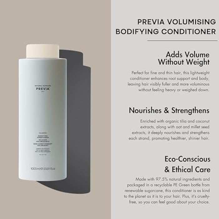 PREVIA Volumising Bodifying Conditioner | Adds Volume & Moisture for Fine Hairb | Vegan Natural Ingredients | Organic Tilia & Coconut Extract | Sustainable Packaging | 33.8 oz - Image 2