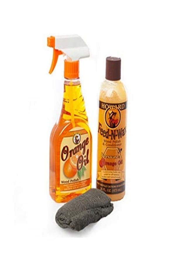 Howard Orange Oil Wood Polish and Howard Feed-N-Wax Wood Polish and Conditioner, Bundled with Steel Wool - Image 1