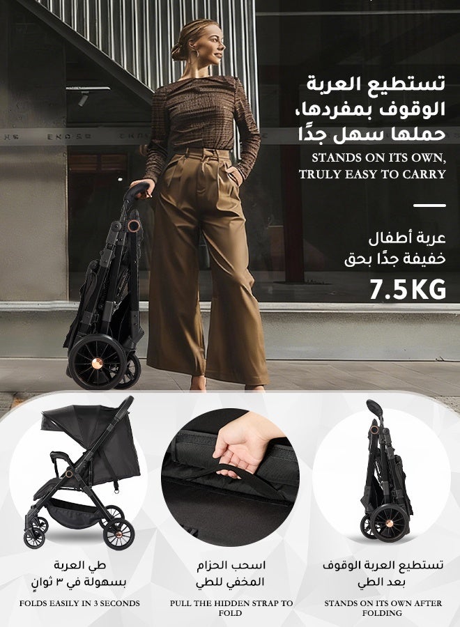 الأورلار عربة أطفال خفيفة الوزن ثنائية الاتجاه للسفر، طي بيد واحدة، مقعد أمامي وللأم، استلقاء 175° مناسب لعربة أطفال مواليد من 0 إلى 36 شهر، عجلات ممتصة للصدمات، مظلة كبيرة - Image 3