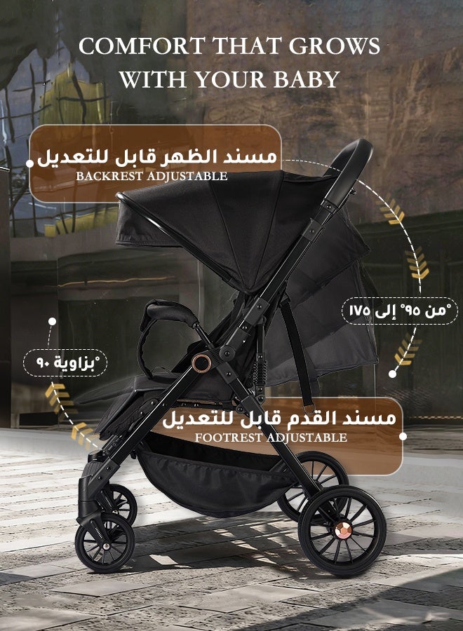 الأورلار عربة أطفال خفيفة الوزن ثنائية الاتجاه للسفر، طي بيد واحدة، مقعد أمامي وللأم، استلقاء 175° مناسب لعربة أطفال مواليد من 0 إلى 36 شهر، عجلات ممتصة للصدمات، مظلة كبيرة - Image 4