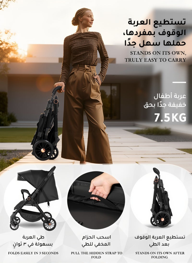 الأورلار عربة أطفال خفيفة الوزن ثنائية الاتجاه للسفر، طي بيد واحدة، مقعد أمامي وللأم، استلقاء 175° مناسب لعربة أطفال مواليد من 0 إلى 36 شهر، عجلات ممتصة للصدمات، مظلة كبيرة - Image 2