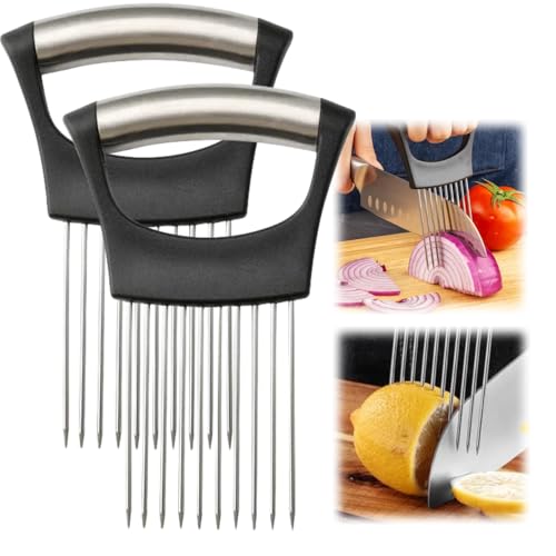 Koujut Onion Slice Holder, 2024 New Stainless Steel Holder for Slicing, Chopper Assistant Tool, Cutter for Meat, Onion, Potato, Tomato Kitchen Gadgets (Black, 2 Pack) - Image 1
