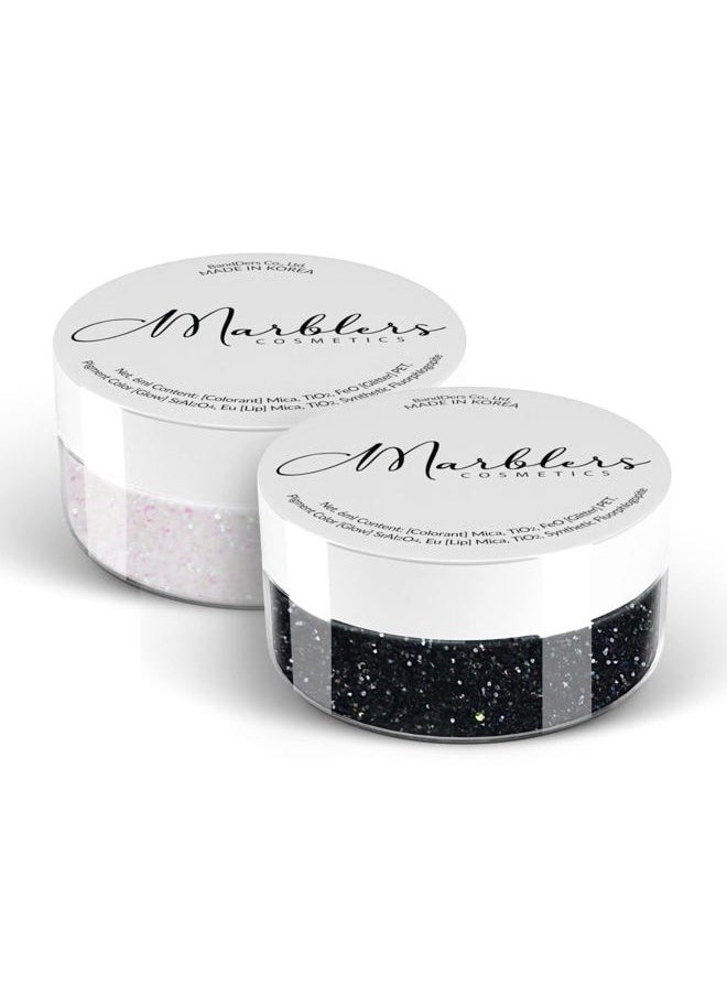 MARBLERS Cosmetic Grade Fine Glitter Duo [Black Knight & Rainbow White] 0.36oz (10g) | Non-Toxic | Vegan | Cruelty-Free | Eyeshadow, Nail Polish, Nail Art | Festival, Rave & Party Makeup | Body & Face  - Image 1