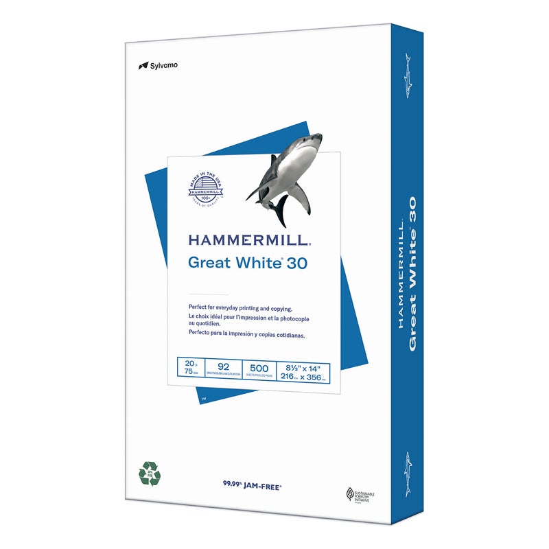 Hammermill Printer Paper, Great White 30% Recycled Paper, 8.5 x 14 - 1 Ream (500 Sheets) - 92 Bright, Made in the USA, 086704 - Image 1