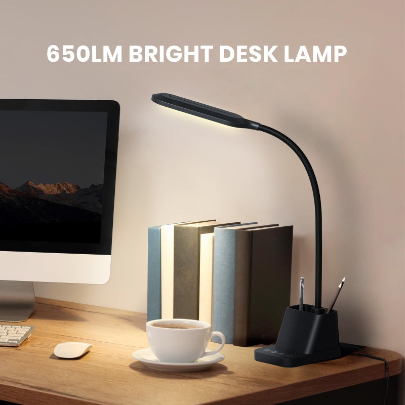 AXX LED Desk Lamp with USB Charging Port, Study Table Light for Home Office Bedrooms, Black, Flexible Gooseneck, Small, 650LM, Pen Holder, Timer Settings, School Essentials for College Dorm Room - Image 2