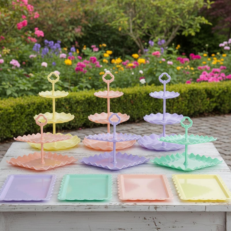 NWK Pack of 10 NWK Cake Stand, Cupcake Stand, with 3X Two-Tier Cupcake Stands + 3X Three-Tier Cupcake Stands + 4 x Appetizer Trays Perfect for Birthday Baby Bridal Shower Party (Colorful) - Image 5
