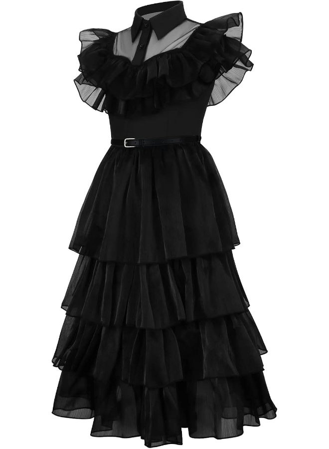 Wednesday Costume Dress for Girls – Layered Gothic Black Outfit with Ruffles – Size XL (130–140 cm) - Image 1