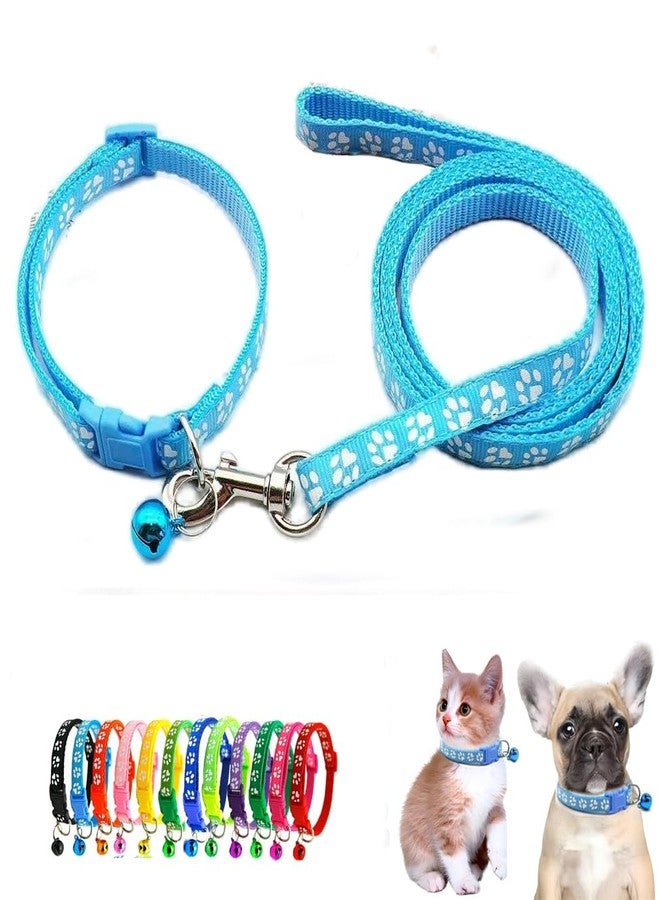 WeimoMonkey Puppy Collar XS with Bell Leash Set,Nylon Basic Reflective Puppy Collars Paw Print for XXS Xs Small Cat Pet Animal Litter Tiny Kitten Boy Girls, Light Blue - Image 1