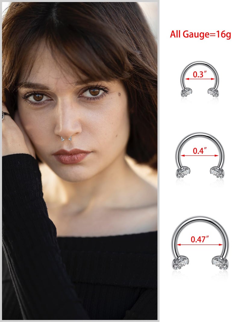 PiercingJ 2-6pcs 16G Clear Cubic Zirconia Stainless Steel Horseshoe Hoop Multi-functional Captive Ring for Nose Daith Lip Eyebrow Nipple Ear Cartilage Helix Septum - Image 4