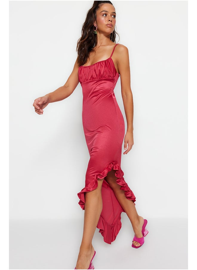 trendyol - Fuchsia Fitted Evening Dress in Knitted Satin with Ruffles TPRSS23AE00264. - Image 1