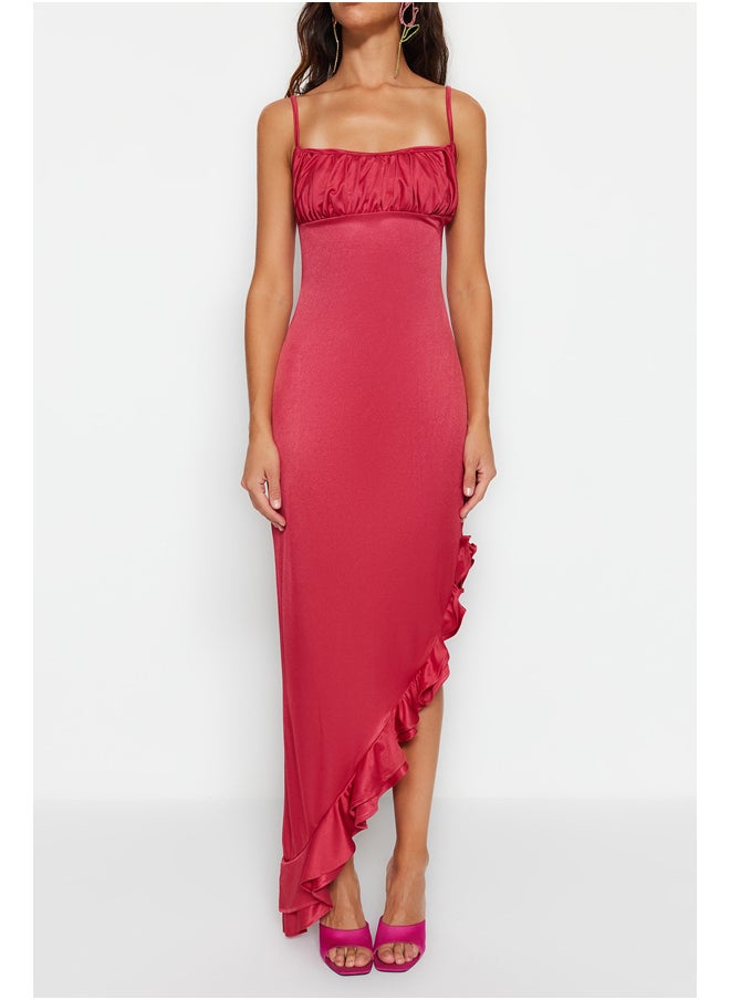 trendyol - Fuchsia Fitted Evening Dress in Knitted Satin with Ruffles TPRSS23AE00264. - Image 1