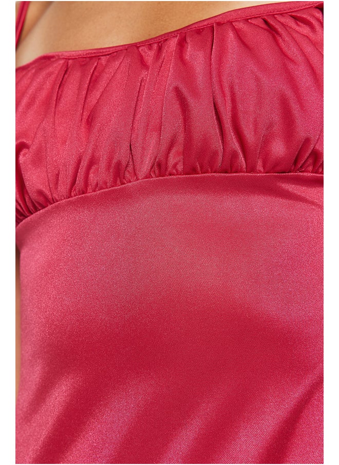 trendyol - Fuchsia Fitted Evening Dress in Knitted Satin with Ruffles TPRSS23AE00264. - Image 1