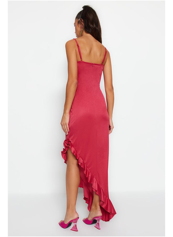 trendyol - Fuchsia Fitted Evening Dress in Knitted Satin with Ruffles TPRSS23AE00264. - Image 1