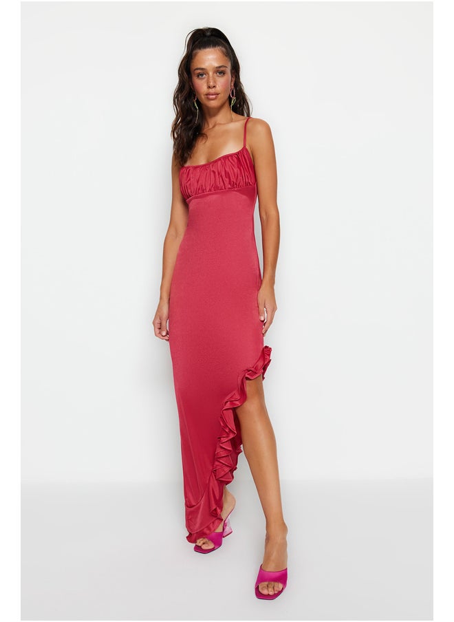 trendyol - Fuchsia Fitted Evening Dress in Knitted Satin with Ruffles TPRSS23AE00264. - Image 1