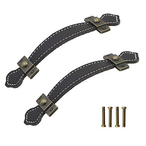 Seimneire 6pcs Surface Leather Furniture Handle, 6.3" Retro Style Leather Handle Pull Handle for Drawer/Cabinet/PU Suitcase - Black - Image 3