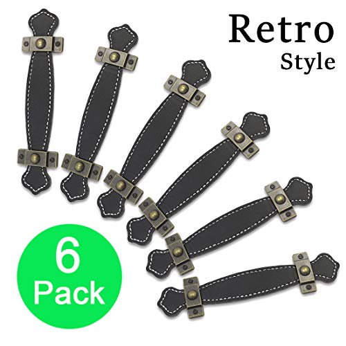 Seimneire 6pcs Surface Leather Furniture Handle, 6.3" Retro Style Leather Handle Pull Handle for Drawer/Cabinet/PU Suitcase - Black - Image 2