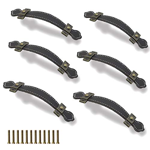 Seimneire 6pcs Surface Leather Furniture Handle, 6.3" Retro Style Leather Handle Pull Handle for Drawer/Cabinet/PU Suitcase - Black - Image 1
