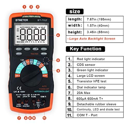 BTMETER True RMS Digital Multimeter Tester 6000 Counts AC DC 20A Ohmmeter Voltmeter DMM Measure Voltage Current Amp Resistance Diodes Continuity Duty-Cycle Capacitance Temperature (BTMETER BT-770T) - Image 4