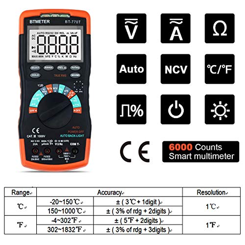 BTMETER True RMS Digital Multimeter Tester 6000 Counts AC DC 20A Ohmmeter Voltmeter DMM Measure Voltage Current Amp Resistance Diodes Continuity Duty-Cycle Capacitance Temperature (BTMETER BT-770T) - Image 3
