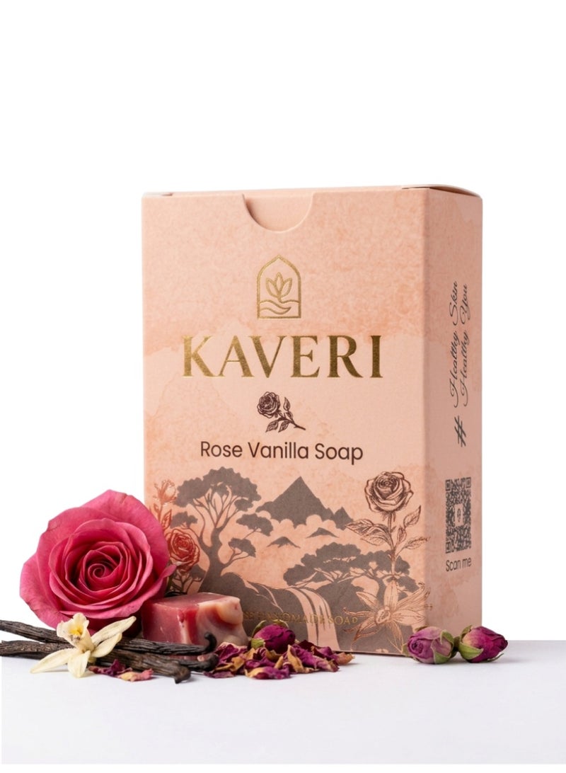 KAVERI Natural Rose Vanilla Handmade Soap Bar – Calming Floral Cleanser with Real Rose Petals & Pure Vanilla, 110 g - Image 1
