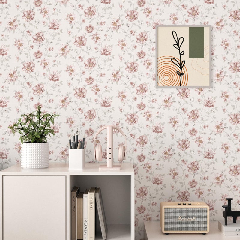 WESTICK Pink Rose Floral Peel and Stick Wallpaper Vintage Pink Floral Contact Paper Self Adhesive Removable Neutral Flower Wallpaper for Accent Walls Bedroom Bathroom Nursery Cabinets 17.5"x100" - Image 1