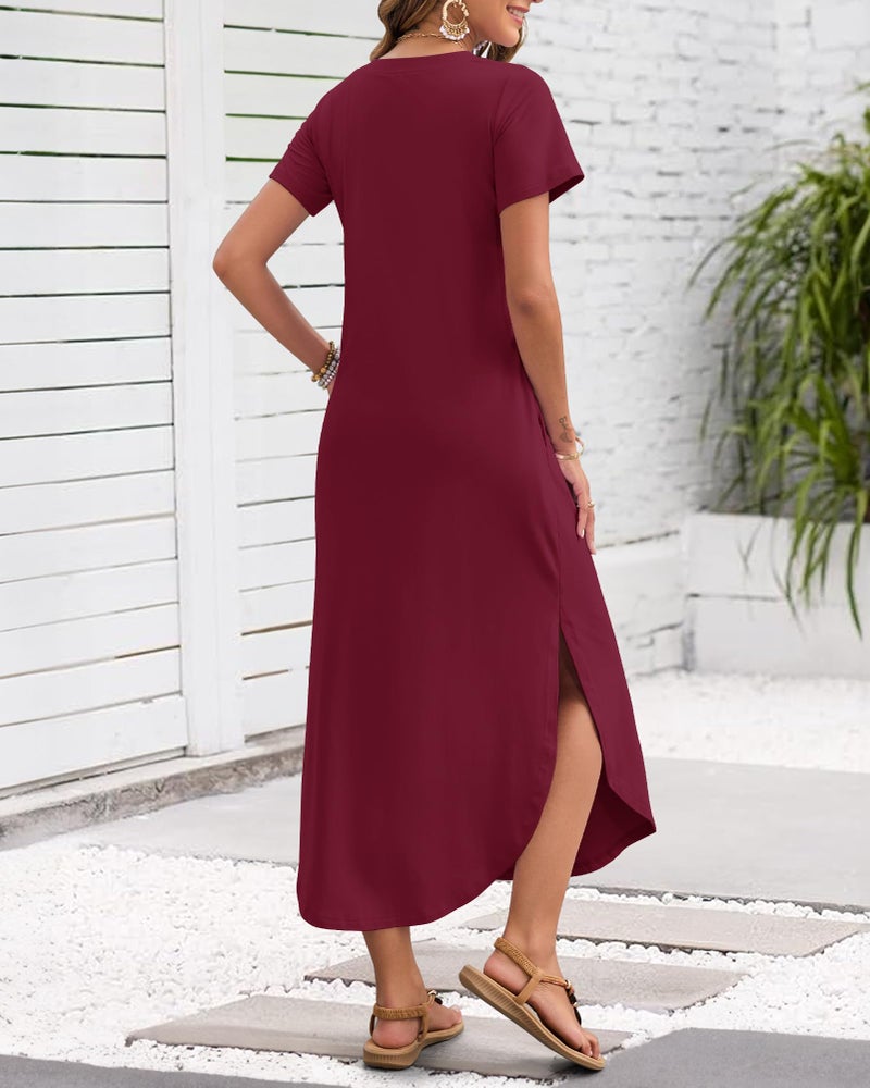 MISFAY Women's Summer Casual Maxi Dress 2026 Short Sleeves V Neck Loose Sundress Split Long Beach T Shirt Dress Vacation Outfits(Wine Red,M) - Image 3