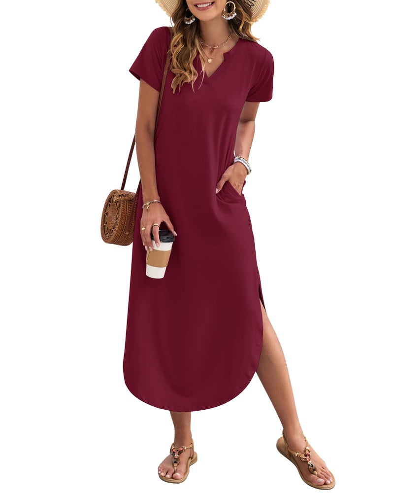 MISFAY Women's Summer Casual Maxi Dress 2026 Short Sleeves V Neck Loose Sundress Split Long Beach T Shirt Dress Vacation Outfits(Wine Red,M) - Image 5